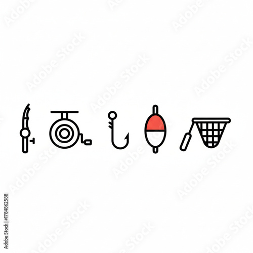 Fishing Gear Icons Rod, Reel, Hook, Bobber, and Net Illustrations for Outdoor Activities and Recreation