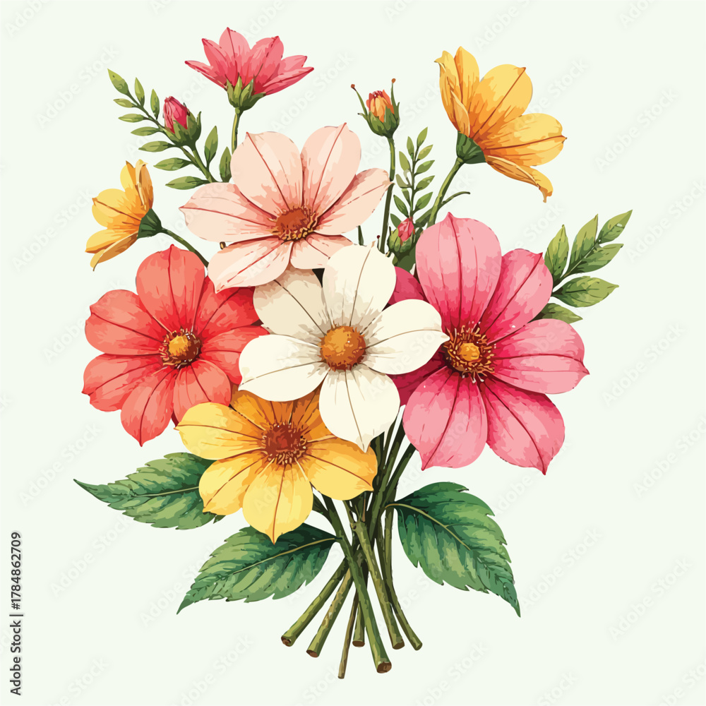 Obraz premium Beautiful watercolor bouquet of colorful flowers and green leaves isolated on white background