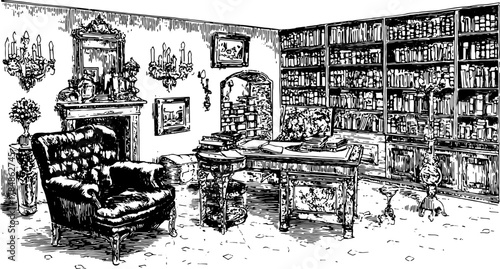 Antique room engraving with a vintage furniture set including a chair and desk. Hand-drawn vector illustration showcases elegant decor and bookshelves.