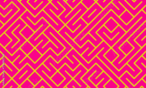 Geometric maze colorful seamless pattern. Brush drawn pink and yellow scribbles. Abstract maze geometric vector background. Irregular labyrinth pattern in bright colors. Hand drawn intricate banner.
