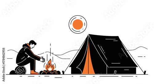A serene camping scene featuring a cozy tent and a warming campfire with minimalist style