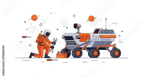 Astronaut repairing mars rover in space environment showcasing space exploration concept