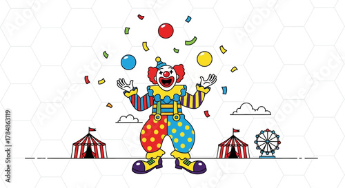 Colorful cartoon illustration of a clown juggling balls at a circus ground fair setting