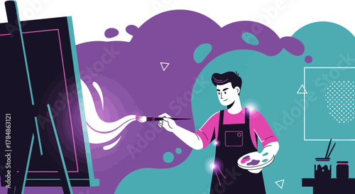 Creative artist painting masterpiece with brush on canvas at his studio with bright colors