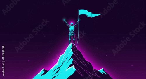 Cyberpunk mountain climber reaches summit and plant flag of achievement concept