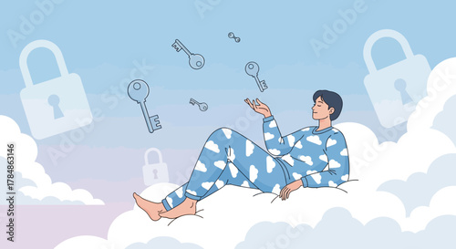 Dreaming of security access: A relaxed figure controlling keys in a cloudscape pajamas