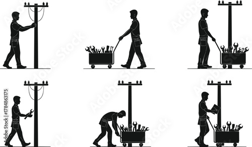 Silhouettes of utility worker with tool cart, vector illustration of maintenance workflow at electrical pole in technical fieldwork scenes