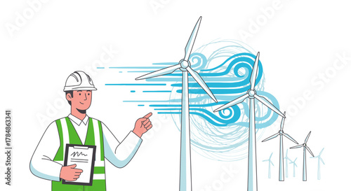 Engineer inspecting wind turbines providing clean energy, ensuring sustainable electricity