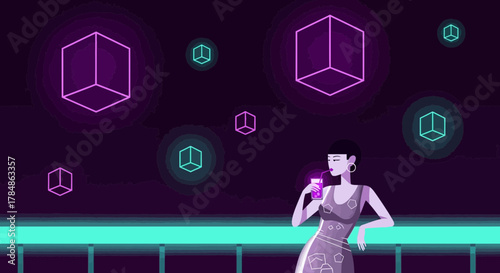 Elegant woman enjoying a neon cocktail night with geometric designs and modern vibes