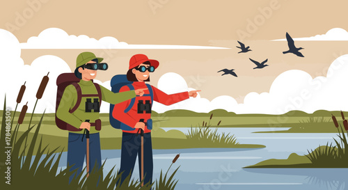 Hiking Couple Enjoying Birdwatching by the Lake, Exploring Nature and Wilderness with Binoculars