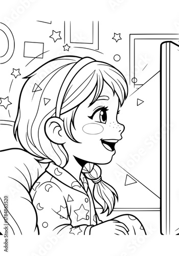 The girl is watching TV. coloring book