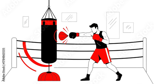 Illustration of a boxer training with a punching bag in a boxing ring showcasing fitness and