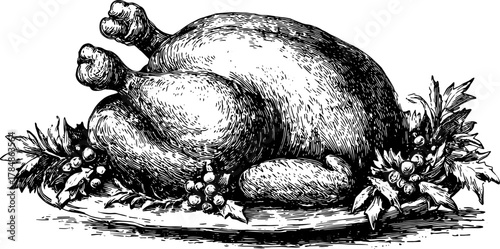 Roasted turkey or chicken on a plate with garnish. Vintage black and white handdrawn sketch vector illustration.