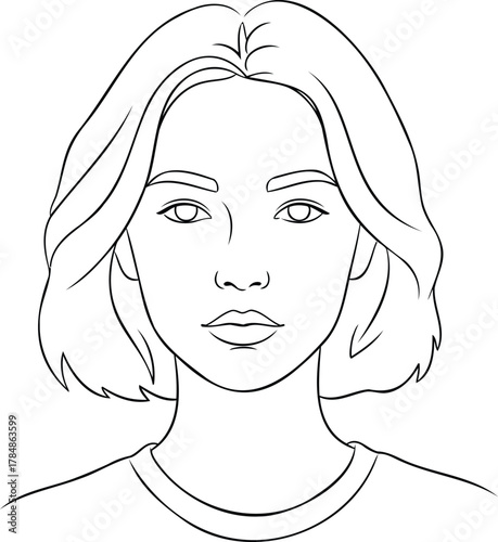 Outline illustration of a young woman's face and shoulders with short hair