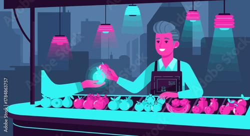 Illustration of fruit stall in city with seller serving a customer in night market scene