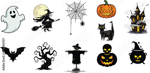 Halloween silhouettes of ghost, witch, pumpkin, haunted house, bat, spider, scarecrow, cauldron, and spooky tree, vector illustration set