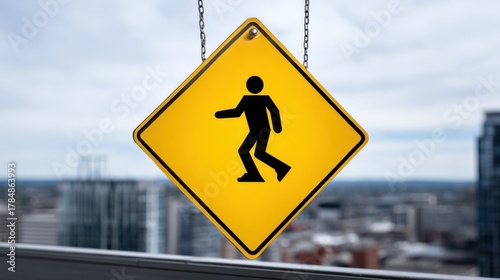 Caution Sign for Pedestrian Safety with City Skyline Background