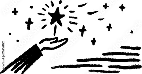 A hand reaching out to a star. This black and white vector illustration symbolizes creativity and inspiration, conveying the potential for success.