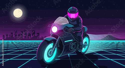 Retro futuristic motorcycle ride at night with neon lights and city landscape background