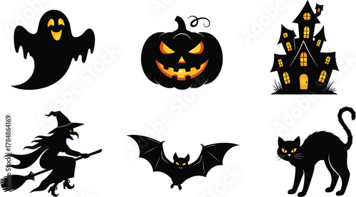 Halloween silhouettes of ghost, pumpkin, witch, bat, cat, and haunted house, vector illustration for spooky seasonal design