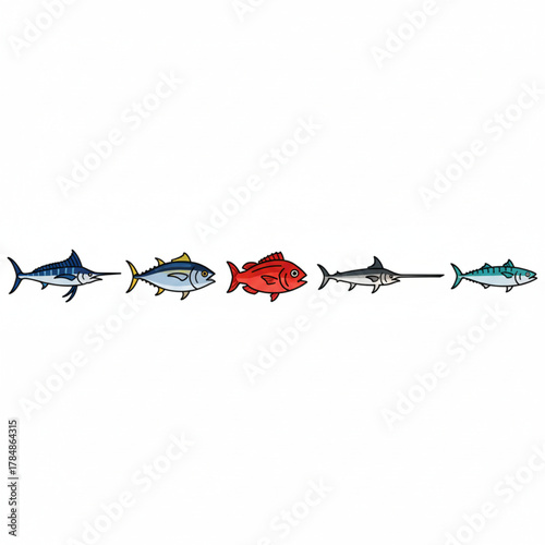 Variety of Fish Species in a Line, Artistic Representation