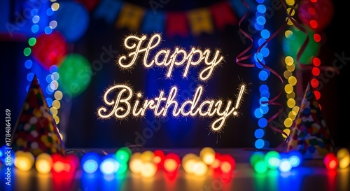 Happy birthday neon sign with festive decorations and colorful lights