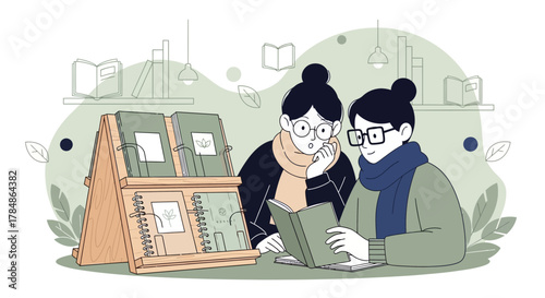 Two young women browsing books in a bookstore with a minimalist design, surrounded by books and