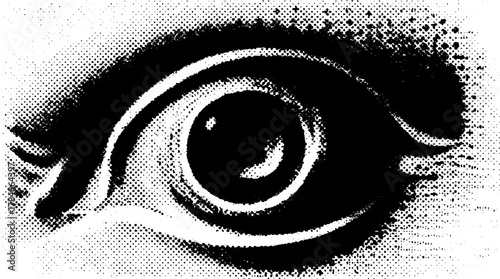 Eye detail in black and white halftone vector illustration showcasing modern design and creative graphics in a simple style.