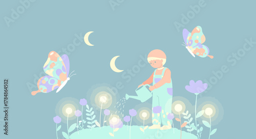 A child waters glowing flowers under the moonlight surrounded by fluttering butterflies whimsical
