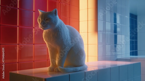 Minimal White Cat with Red and Blue Neon Tiles