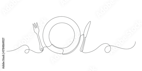 Continuous one line drawing of dinner concept, plate with fork, knife and spoon