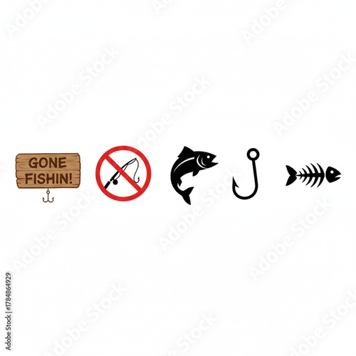 Fishing themed icons set with Gone Fishing sign, fishing rod ban sign, fish, hook, and fishbone