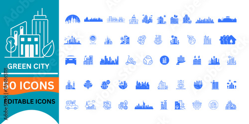 Explore fifty modern icons representing eco-friendly urban development, sustainable architecture, and green city initiatives in a sleek, professional design