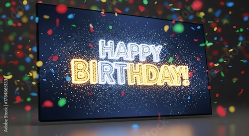 Happy birthday text on screen with confetti festive celebration