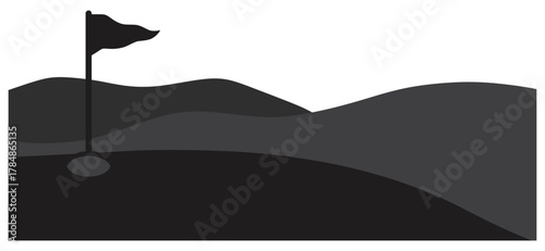 Minimal golf course landscape with flag silhouette.