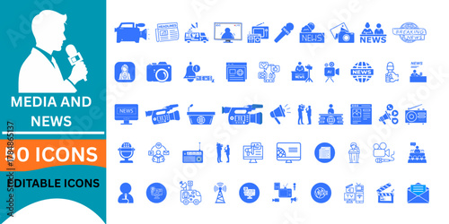 News and media icons for broadcast journalism, featuring cameras, microphones, headlines, and reporters, perfect for modern communication projects