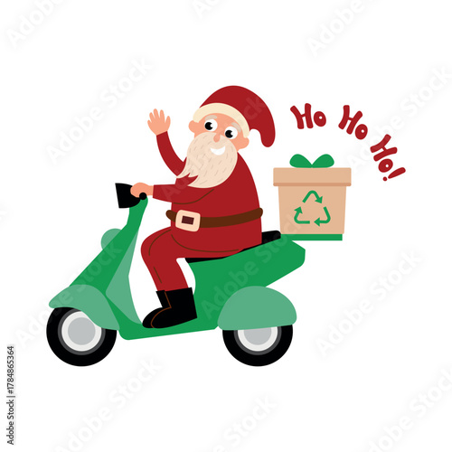 Eco-friendly Santa on a white insulated background. Santa Claus Riding Scooter with Gift Illustration