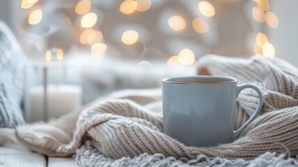 White ceramic mug on knitted beige blanket with blurred warm lights and candles in background, cozy home atmosphere, winter relaxation concept.