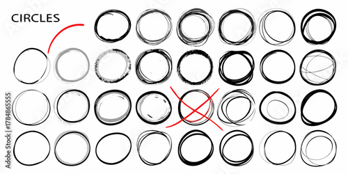 Collection of hand drawn circles with a red cross marking one circle and a red arrow pointing to another