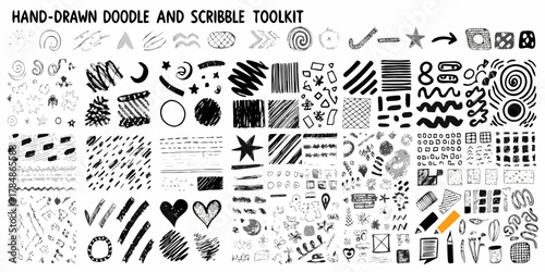 Collection of hand drawn black and white doodle and scribble elements for design toolkit
