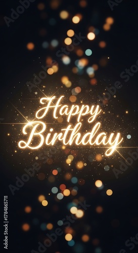 Happy birthday text with bokeh effect and glowing lights on dark background