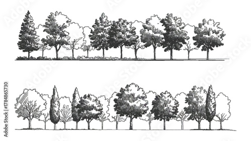 Architecture and landscape design vector illustration showing simplified tree-line CAD drawing with clean strokes and fills on white background