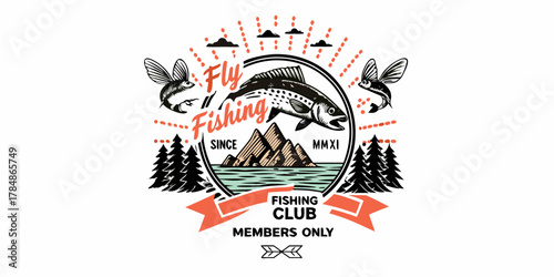 Vintage fly fishing club emblem with fish mountains trees and water