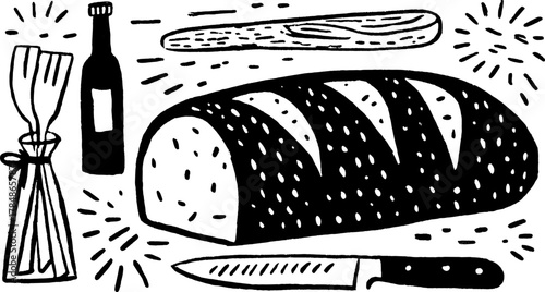 Bread with a knife and bottle. Black and white vector illustration for culinary purposes featuring a simple food set.