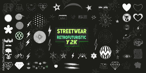 Collection of y2k retrofuturistic streetwear graphic elements and icons on black background