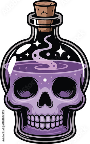 Mysterious skull potion bottle with swirling purple liquid