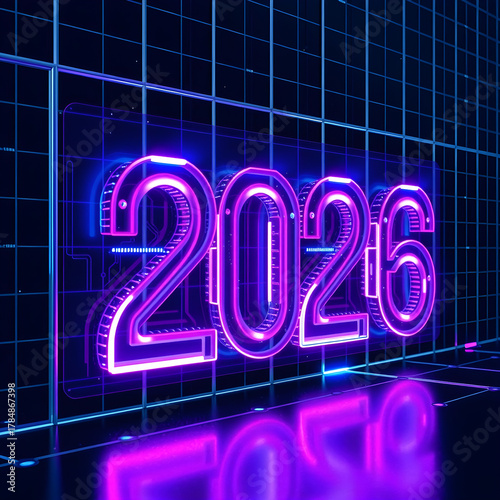Futuristic glowing neon 2026 number illuminated with vibrant purple and blue light reflecting on a dark grid surface