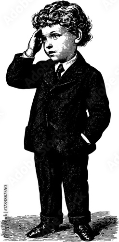 Vintage boy in a formal suit, depicted in black line drawing style. This illustration showcases detailed elements in a set of vector images suitable for antique art.
