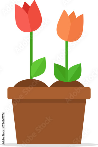 Two stylized tulips, one red and one orange, growing in a brown pot with soil and green leaves.