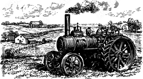 Vintage tractor engine illustration in black and white outline. Detailed set against a rural landscape with fields and houses. Vector artwork.